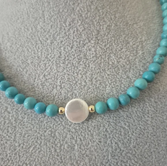 Turquoise NATURAL w/Coin Pearl Choker,Matching Braclet - Picture 4 of 6